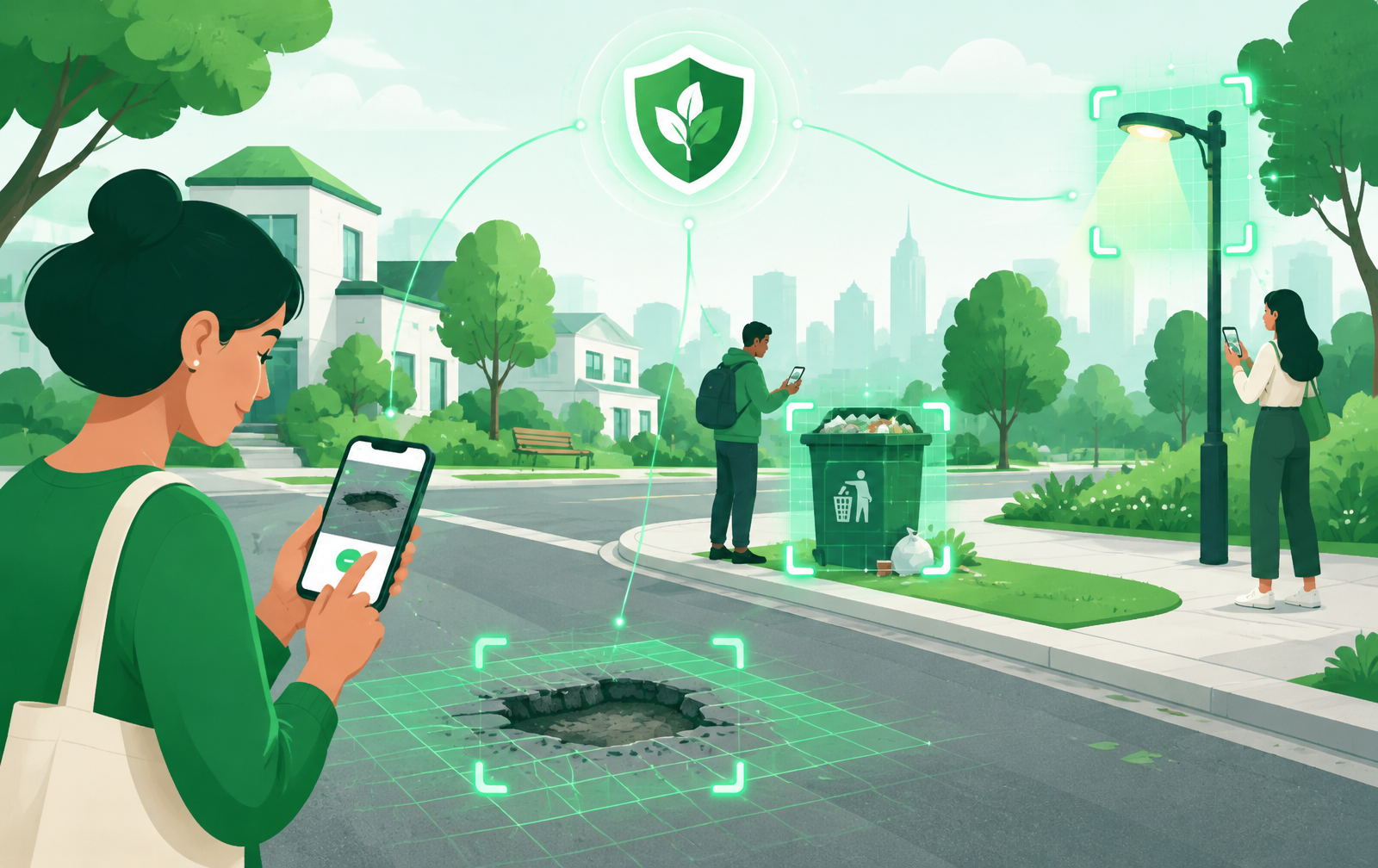 Illustration of citizens reporting neighborhood civic issues with AI assistance
